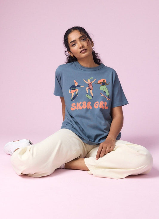 Avril Skater Girl Boxy Fit Graphic Tee - Sustainable Organic Cotton (Blue)