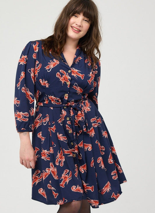 Barbara Lobster Print Button-Through Dress (Navy)