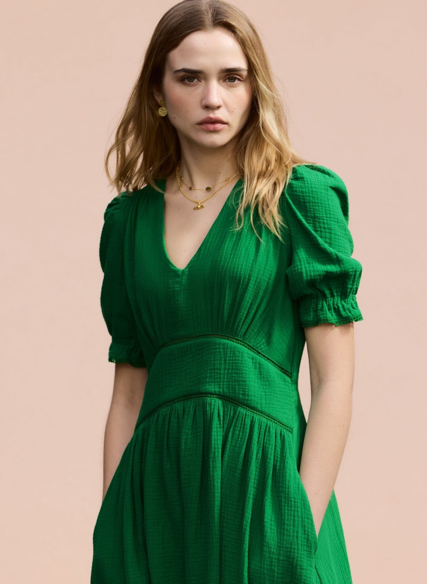 Bella Organic Cheesecloth Midi Dress - Bright Emerald