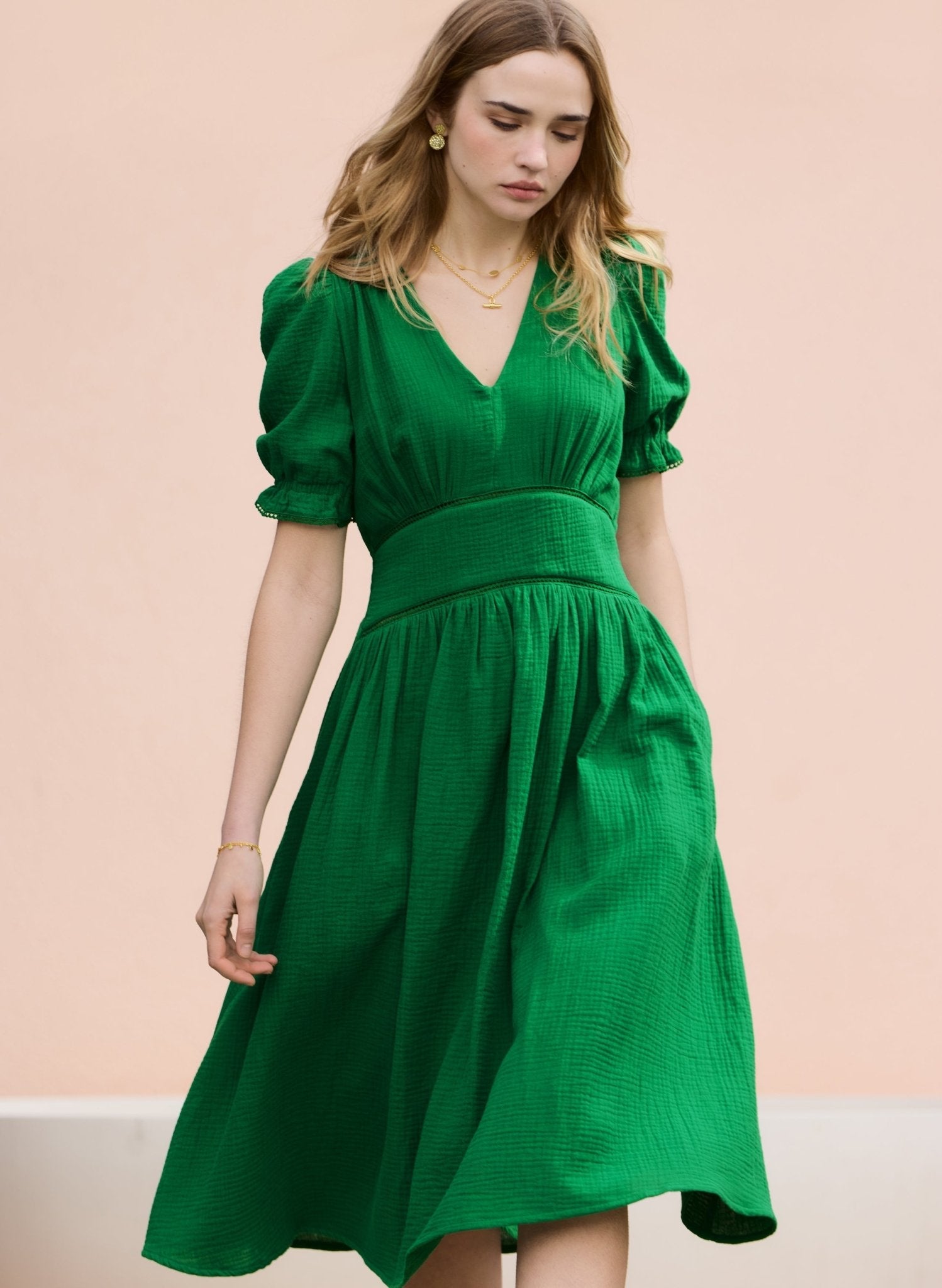 Emerald green organic cotton midi dress.