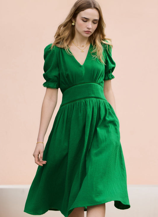 Emerald green organic cotton midi dress.