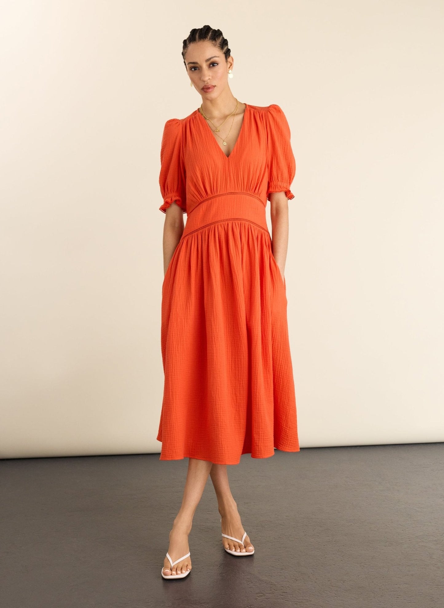 Tangerine orange organic cotton midi dress.