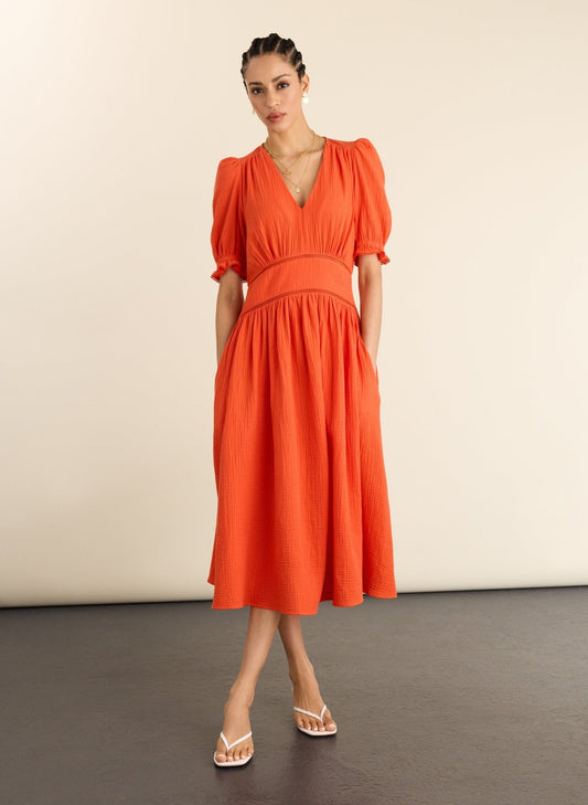 Tangerine orange organic cotton midi dress.