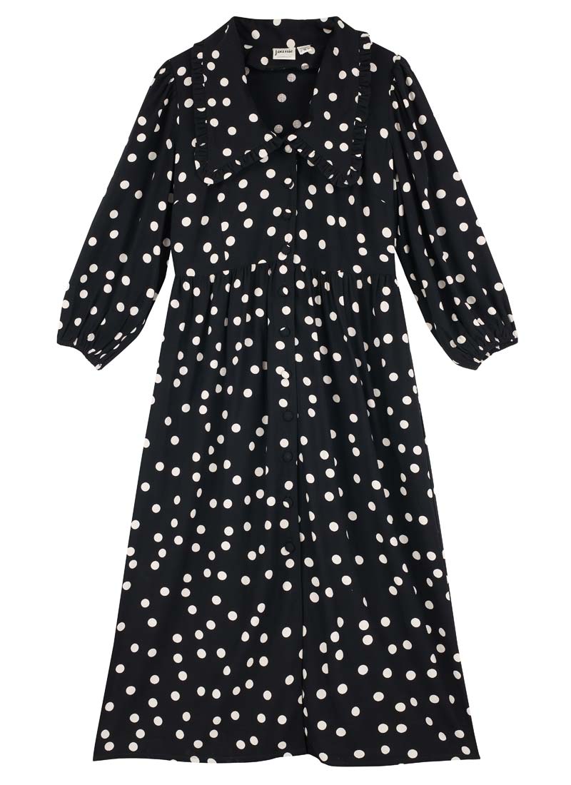Bethan Polka Dot Print Oversized Collar Midi Dress - Black