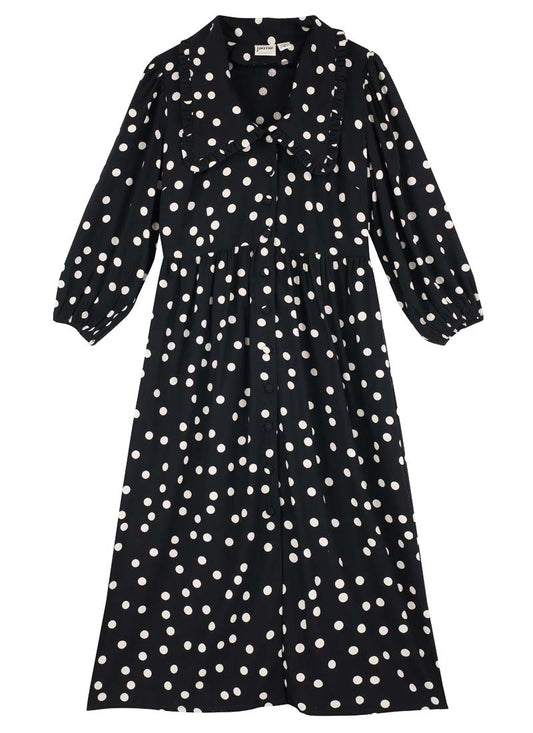 Bethan Polka Dot Print Oversized Collar Midi Dress - Black