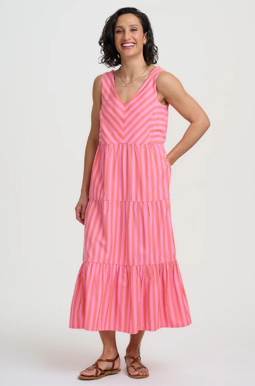 Pink and coral striped midi dress.