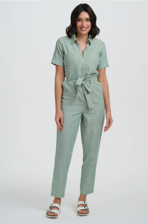 Sage green and white striped organic cotton boiler suit.