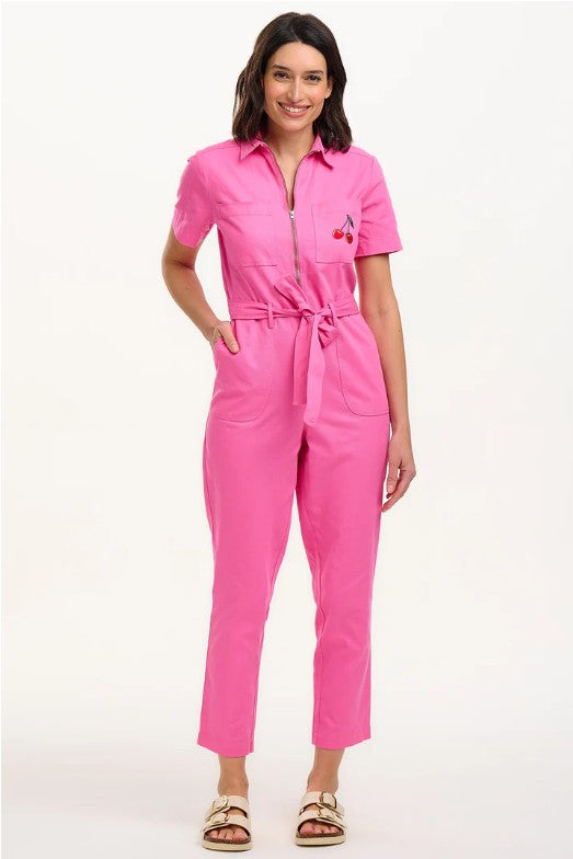 Bright pink organic cotton boilersuit with embroidered cherry motif.