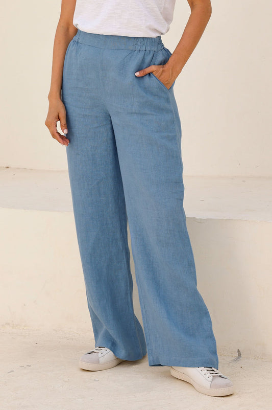 Wide Leg Linen Trousers - Blue/Grey