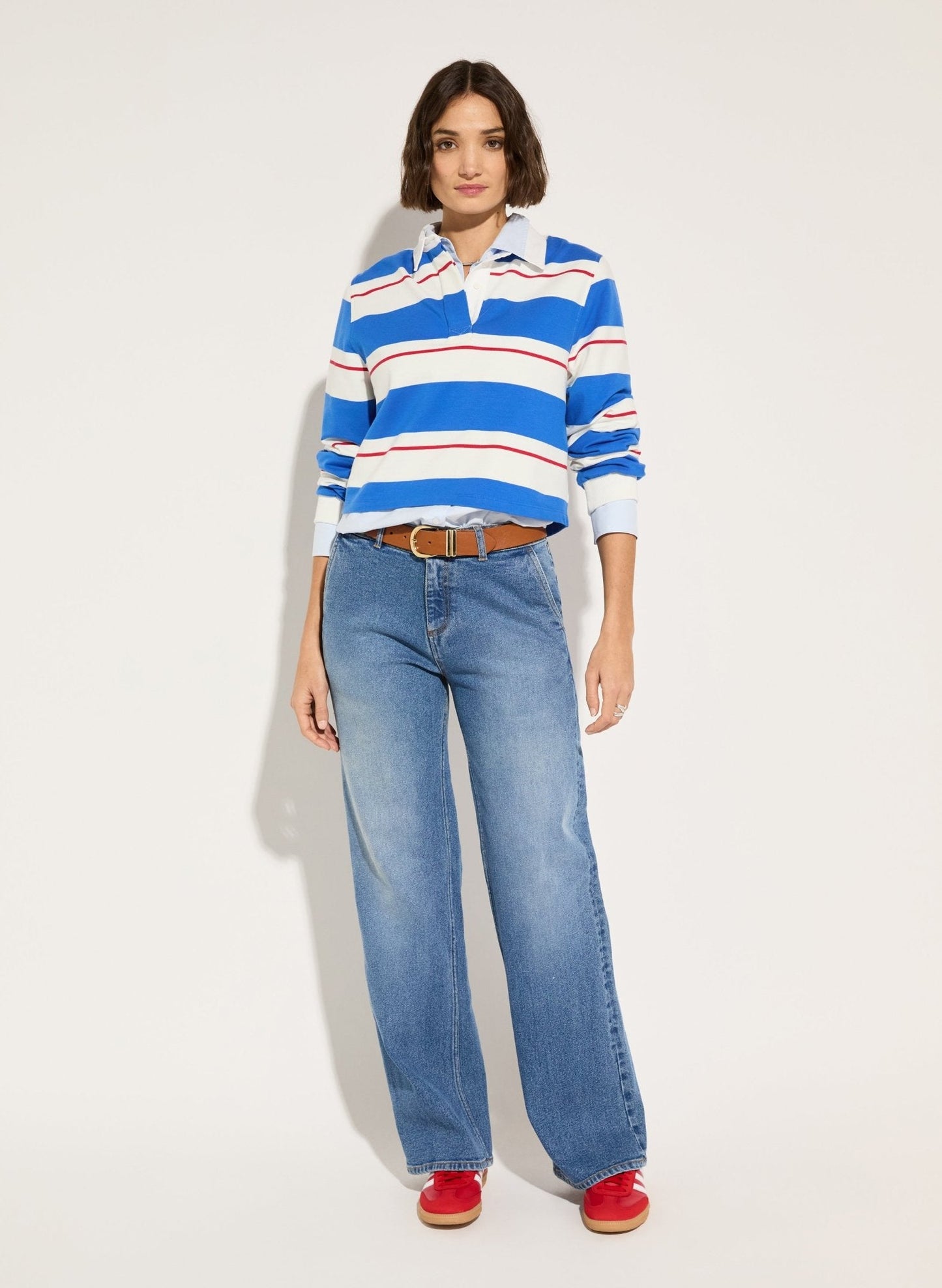 Bluebell Organic Cotton Cropped Rugby Top / Azure Blue, White & Crimson