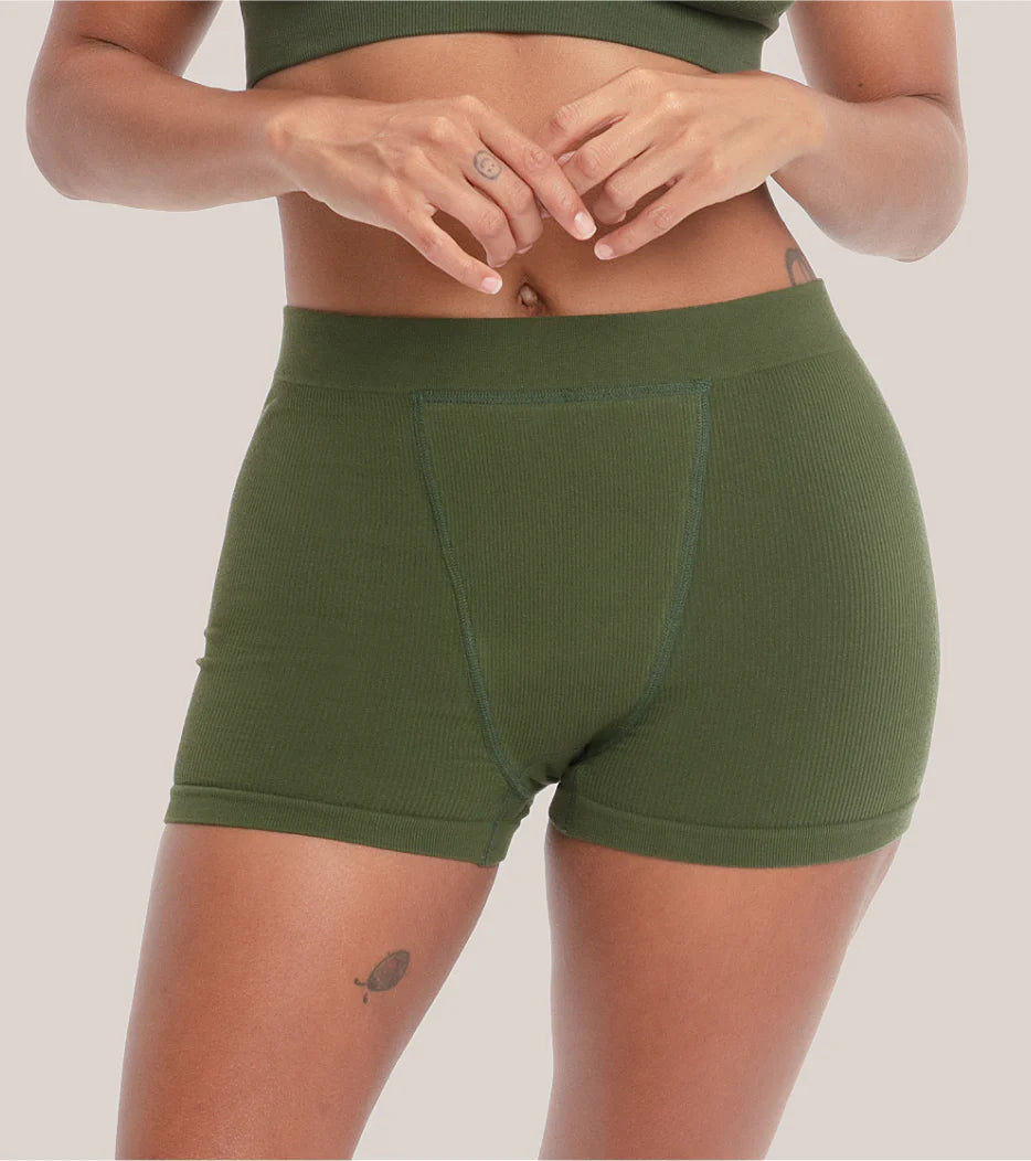Period Underwear - Seamless Ribbed Boxer Short, Heavy Flow, Forest Green