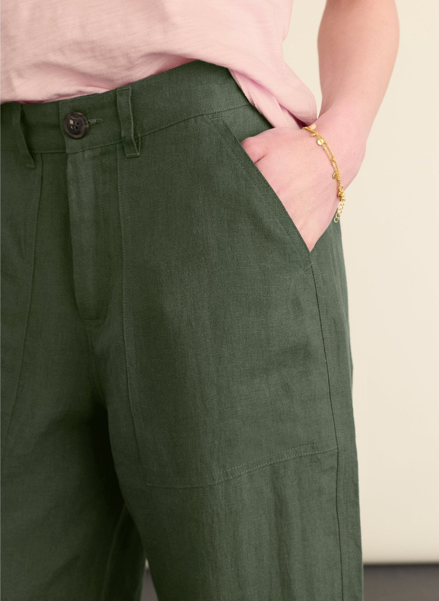 Brett Linen Barrel Leg Trousers - Deep Khaki