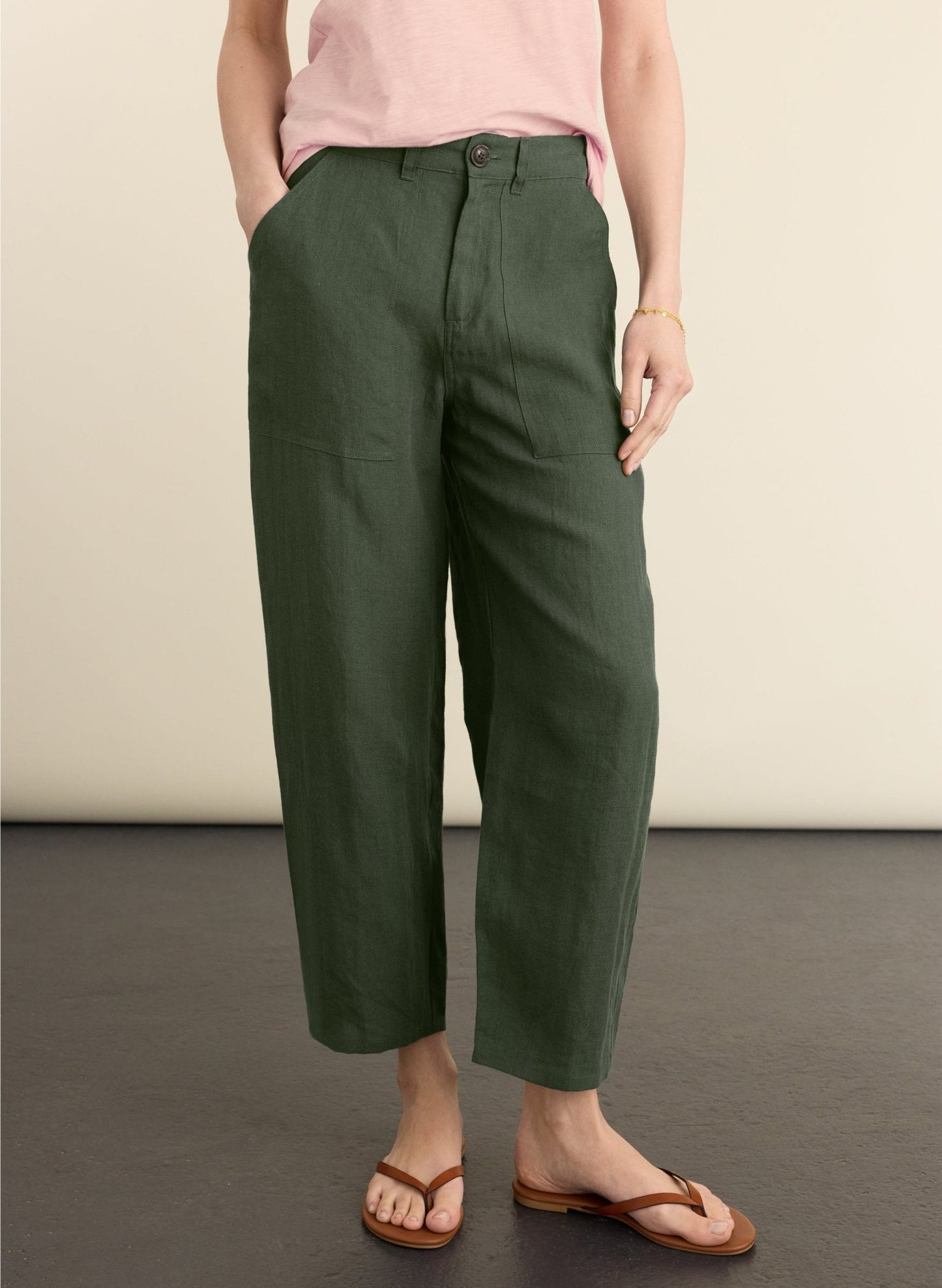 Brett Linen Barrel Leg Trousers - Deep Khaki