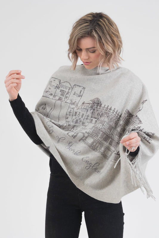 Grey cashmere shawl with City of York pattern.