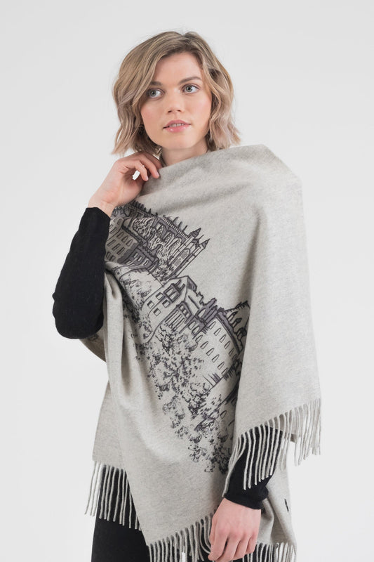 Double sided grey cashmere stole with Windsor castle pattern.