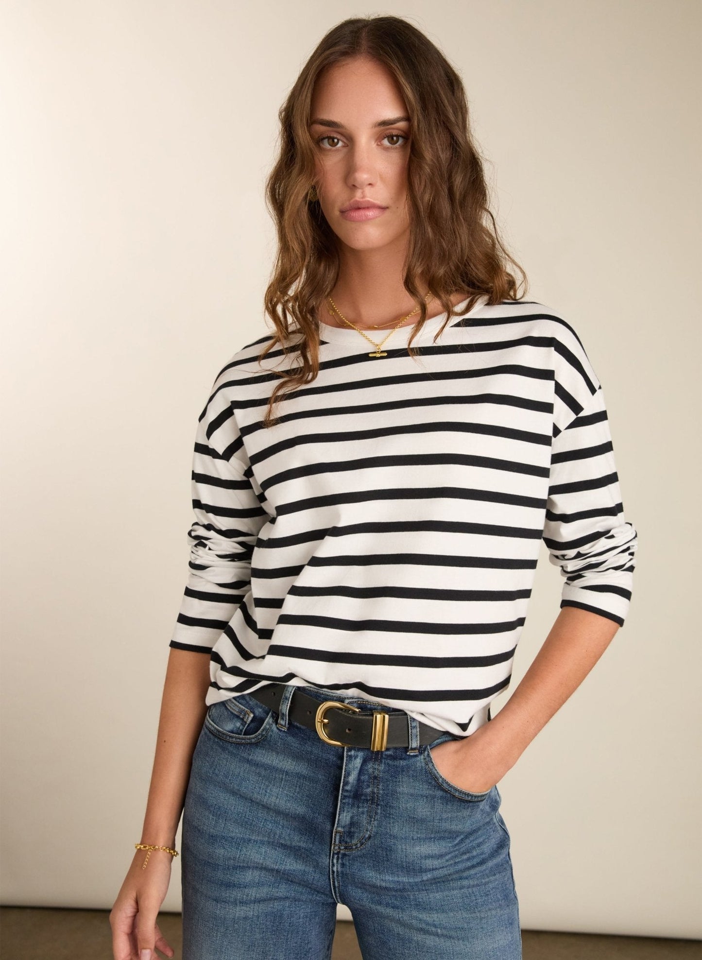Calista Regenerative Cotton Relaxed Top / Soft White & Caviar Black Stripe