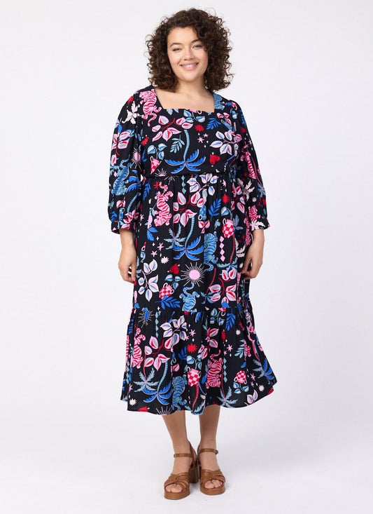 Candi Tropical Tiger Print Square Neck Midi Dress (Black)