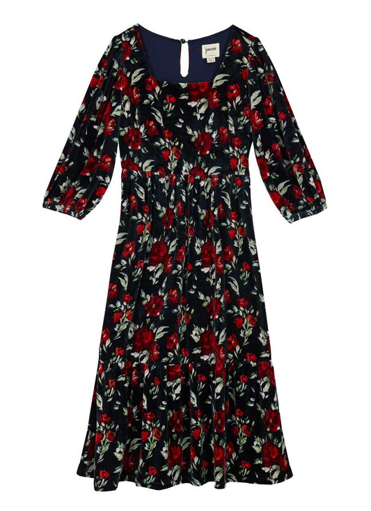 Candi Floral Print Velvet Midi Dress - Black