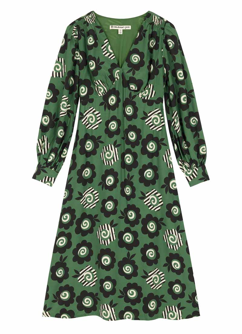 Celia Birtwel X Joanie - Candyflower Print Bell Sleeve Midi Dress (Green)