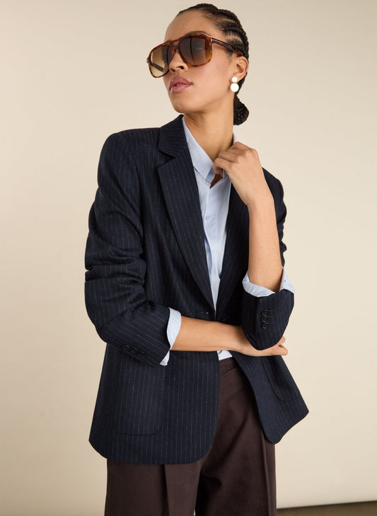 Navy wool blend pinstripe blazer.
