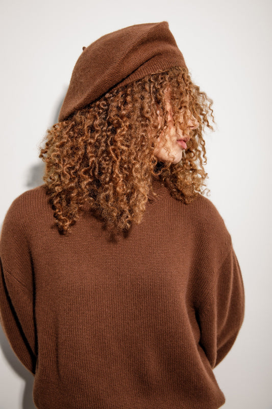 Warm chocolate brown cashmere beret by Kiltane.