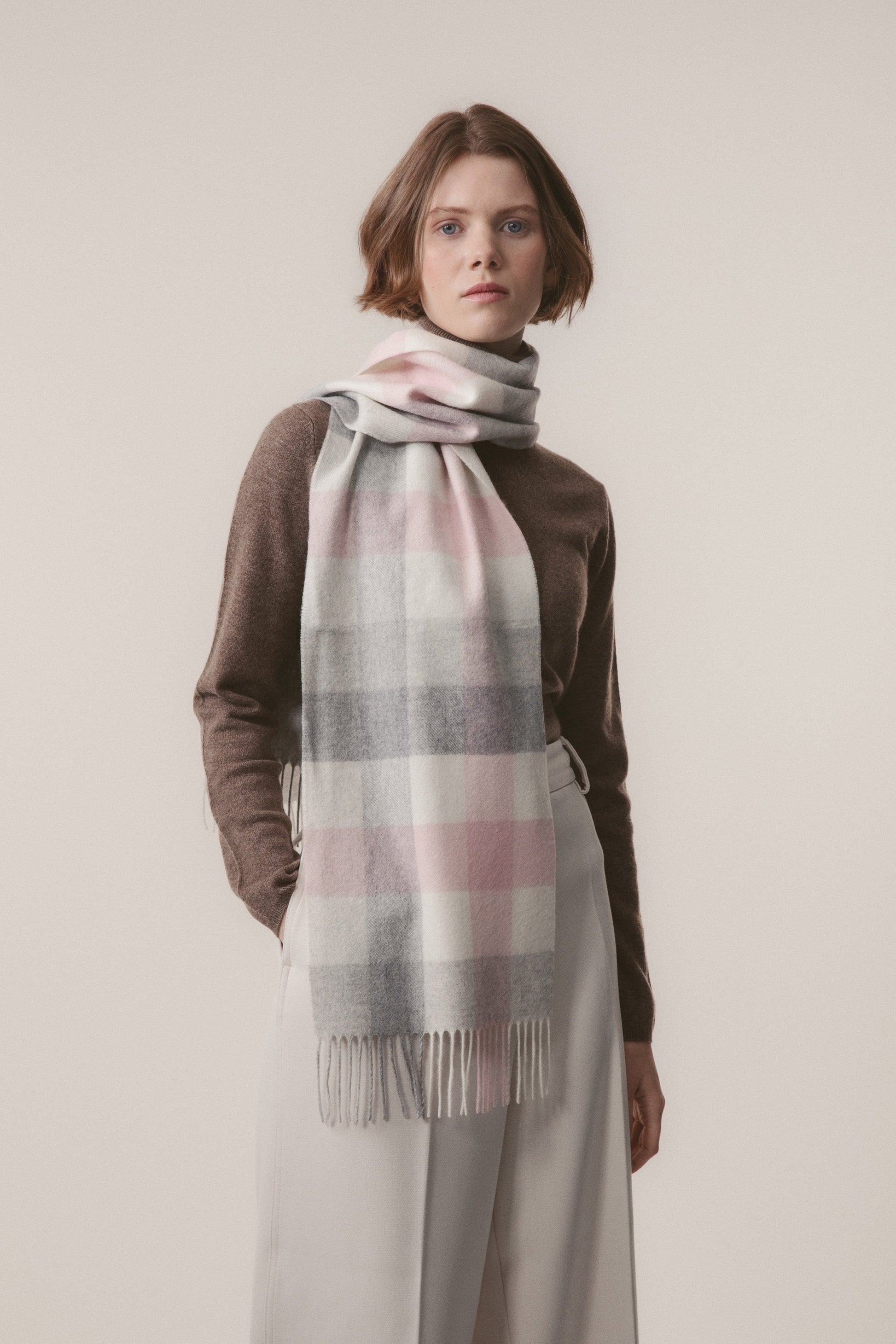 Soft grey and pale pink checked cashmere scarf from Kiltane.