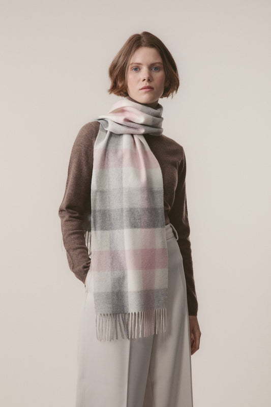 Soft grey and pale pink checked cashmere scarf from Kiltane.