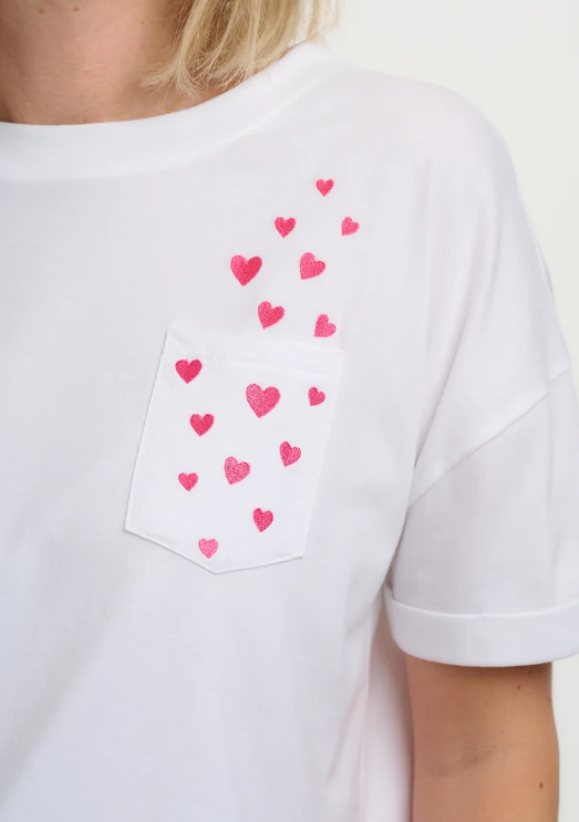 Celia Heavy-Weight T-Shirt - White, Pocket Hearts
