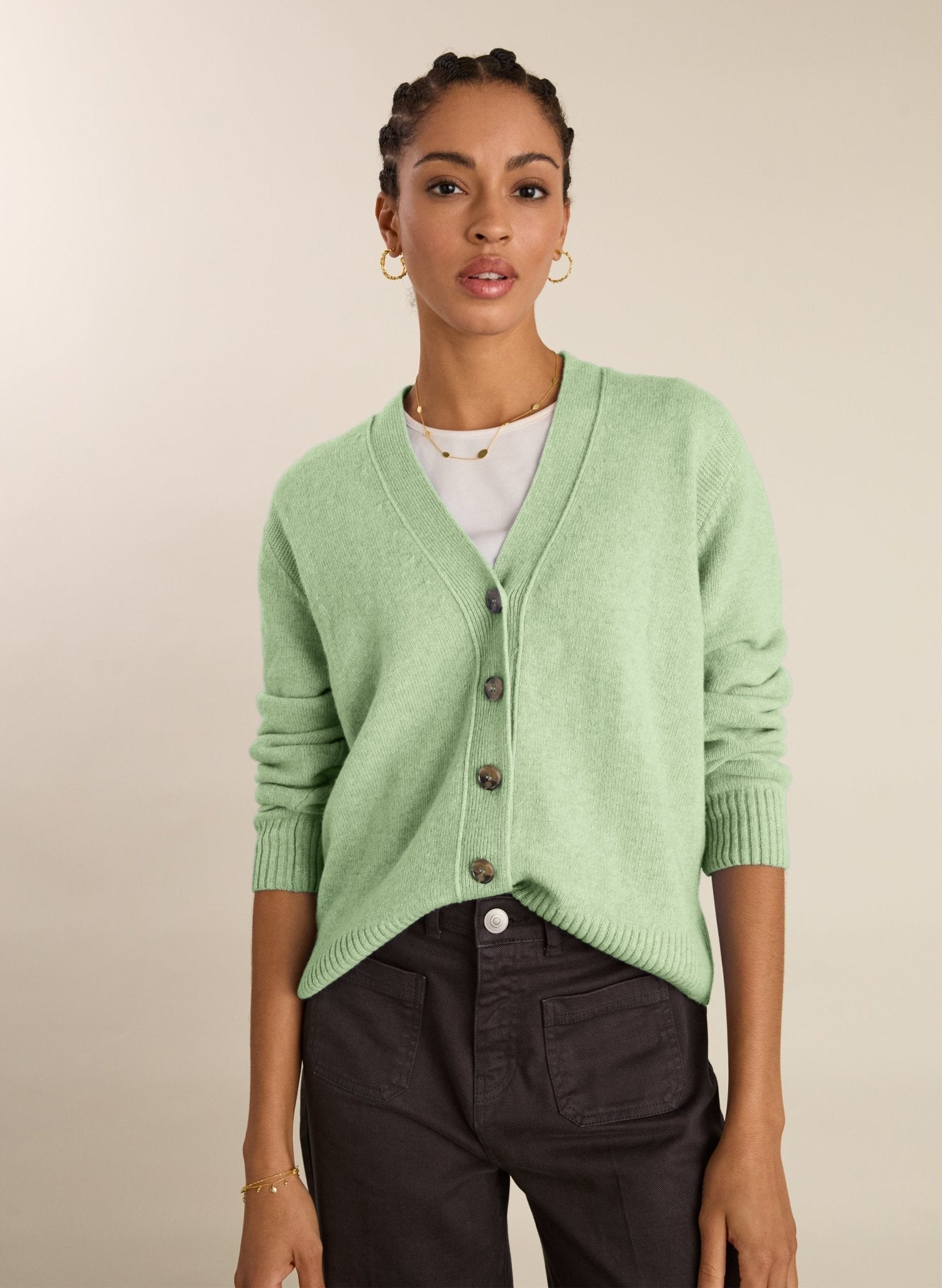 Mint green v-neck merino knit cardigan.