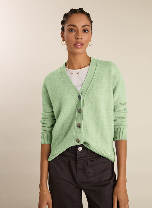 Mint green v-neck merino knit cardigan.
