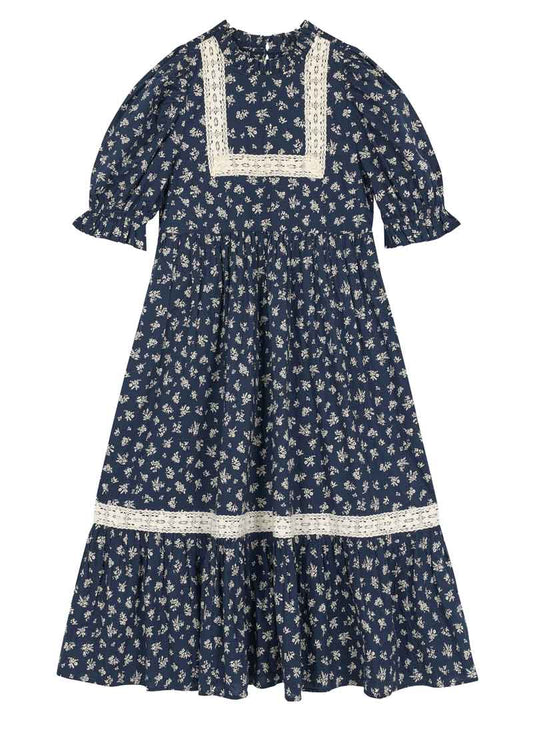 Ceri Ditsy Floral Print Puff Sleeve Prairie Dress - Navy