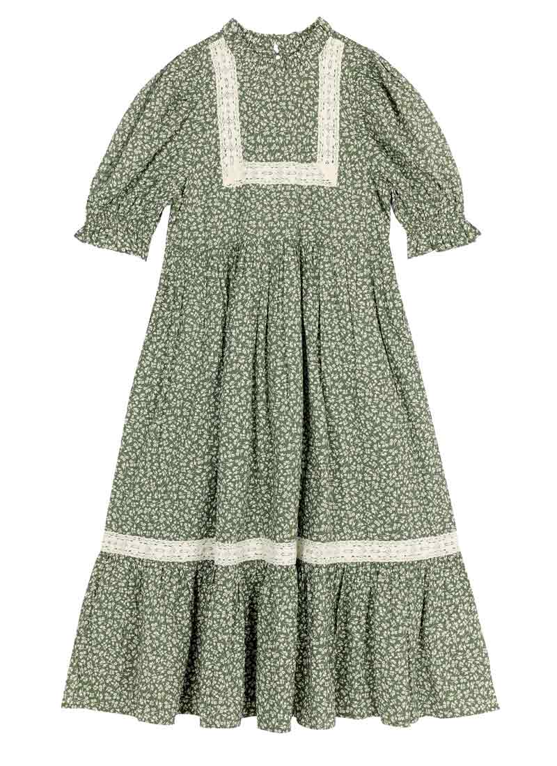 Ceri Sage Floral Print Puff Sleeve Prairie Dress - Green