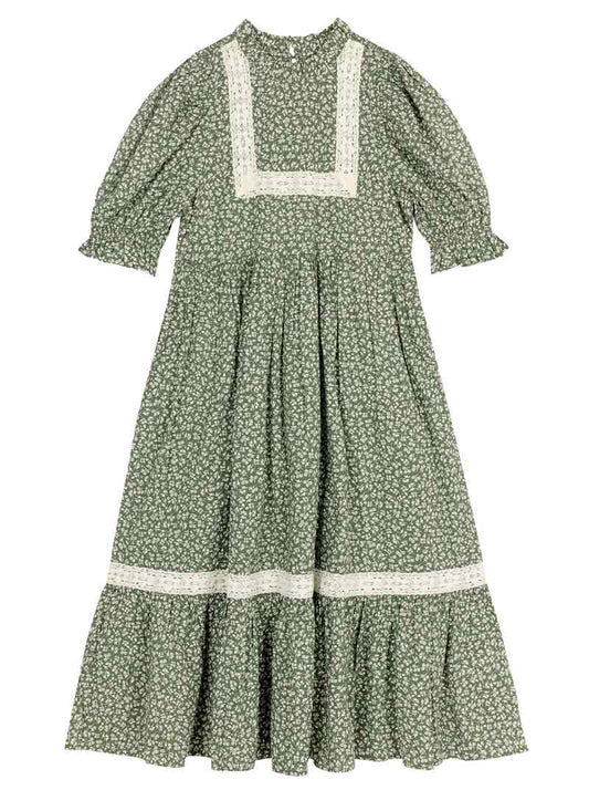 Ceri Sage Floral Print Puff Sleeve Prairie Dress - Green