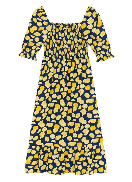 Cinna Lemon Print Square Neck Midi Dress (Yellow)
