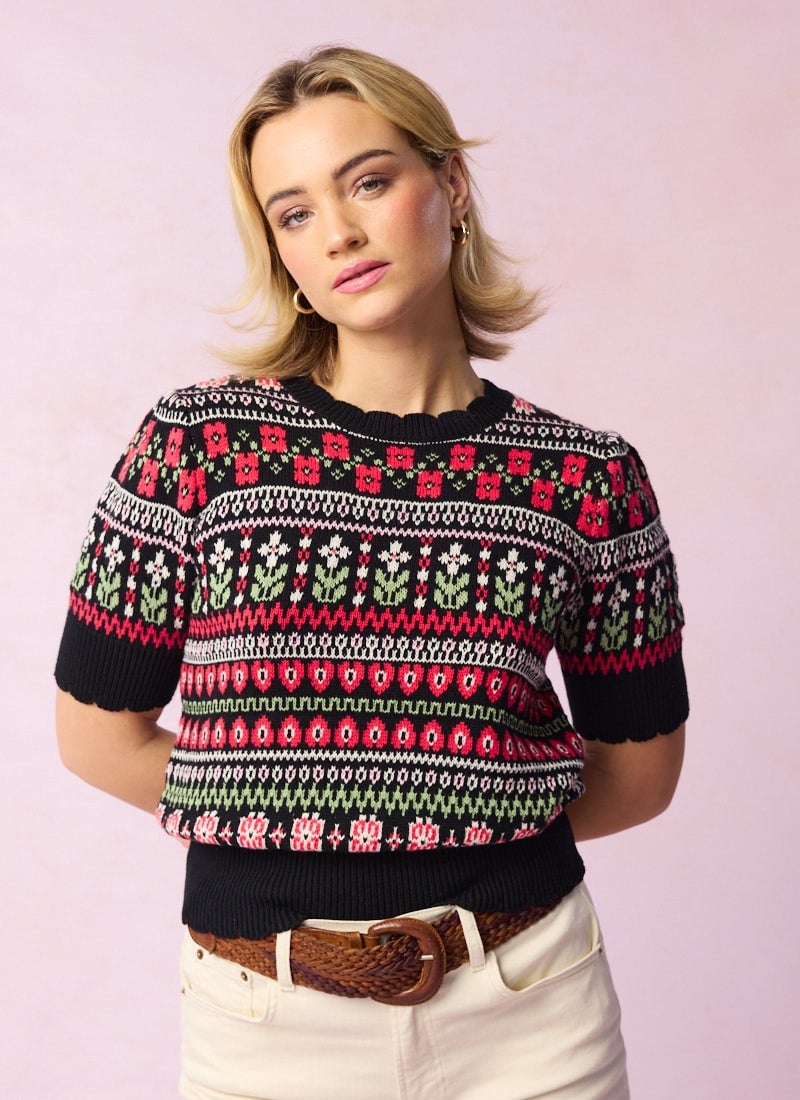 Clare Fair Isle Scalloped Short Sleeve Knit - Black - Sustainable Organic Cotton (Black)