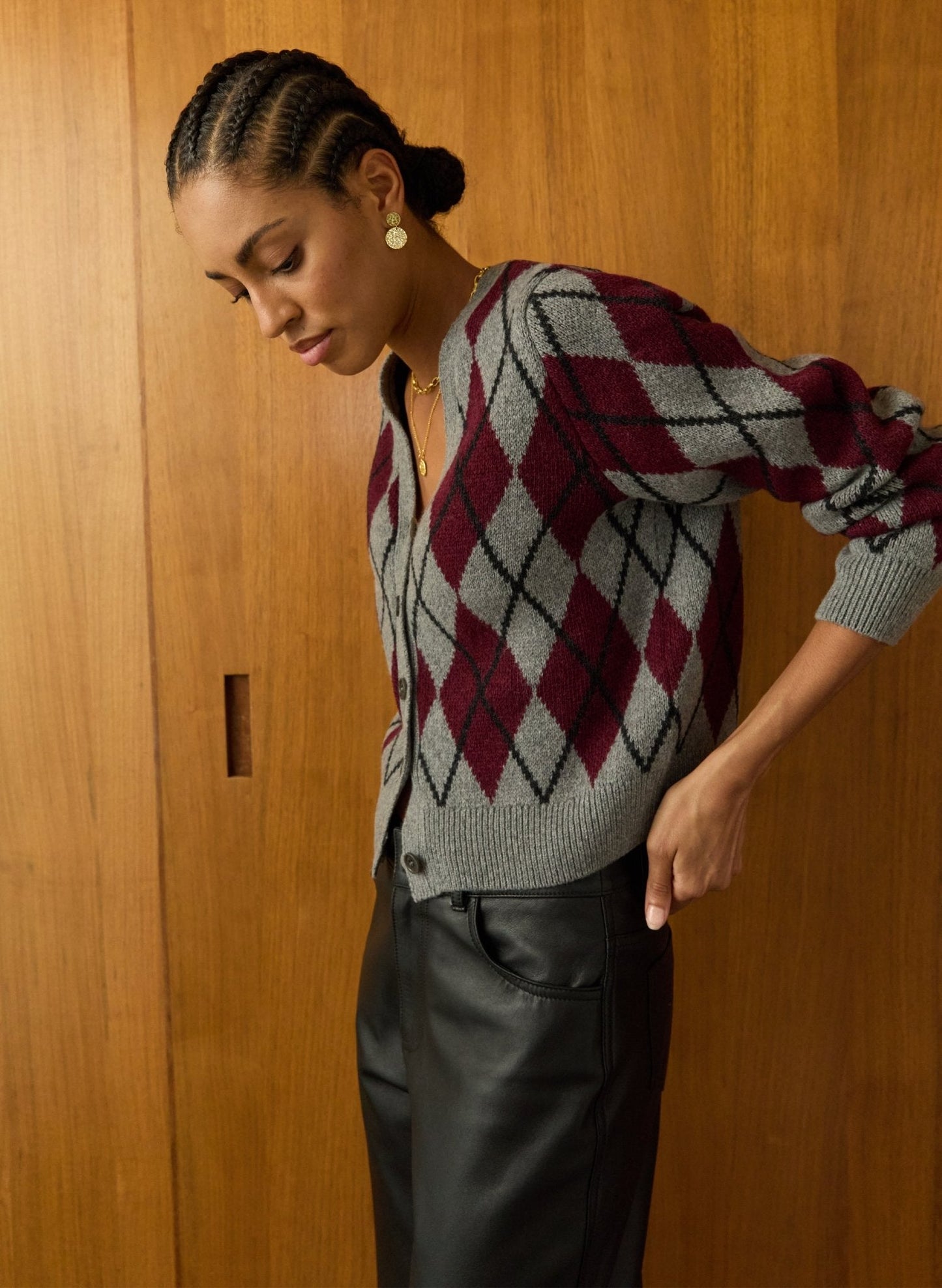 Clemence Wool Blend Argyle Cardigan / Grey & Burgundy
