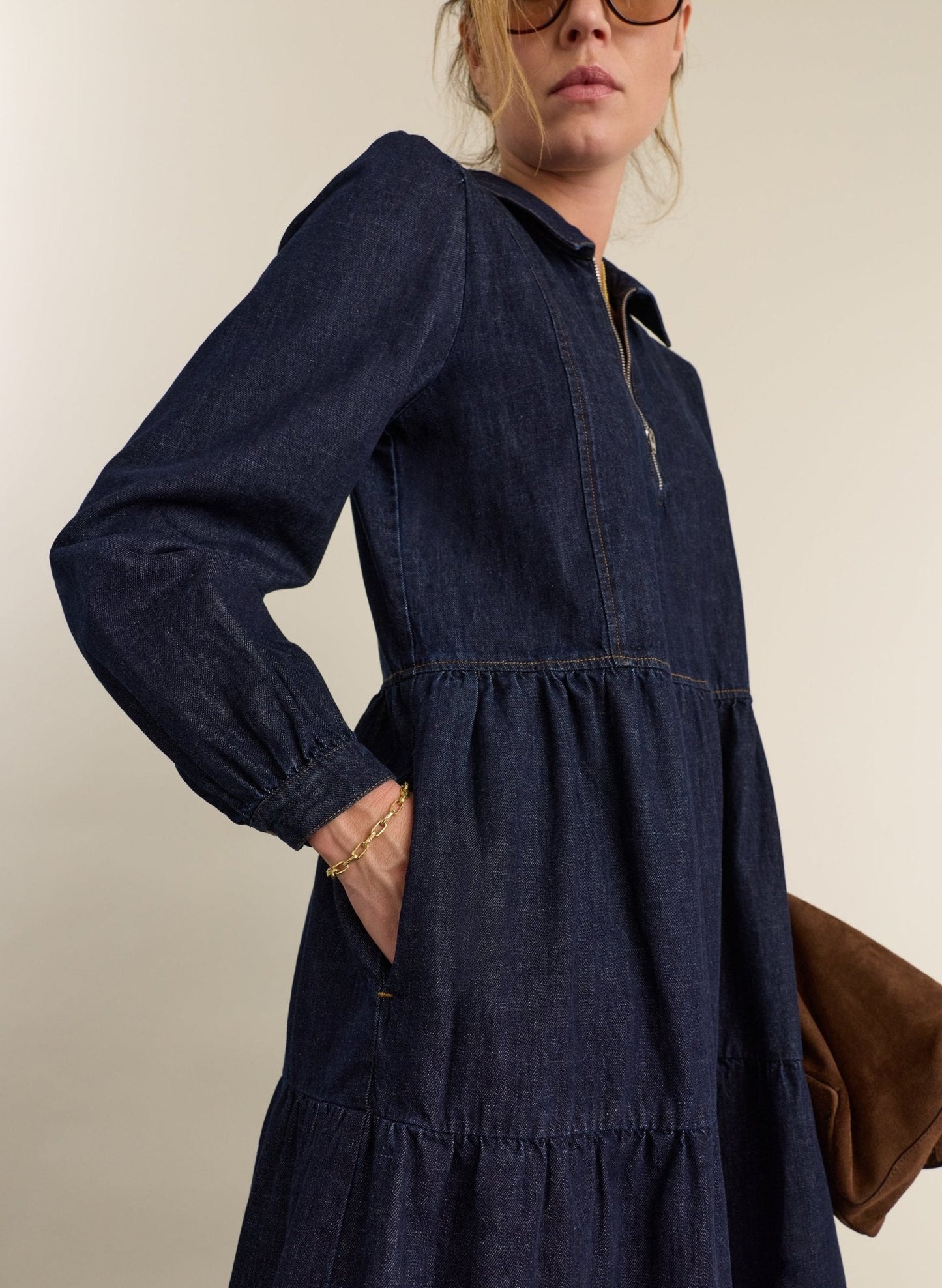 Cody Quarter Zip Denim Midi Dress - Dark Denim