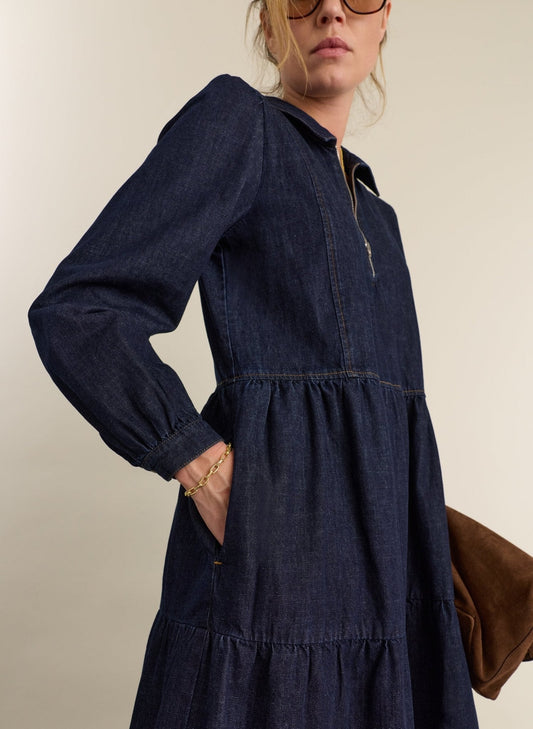 Cody Quarter Zip Denim Midi Dress - Dark Denim