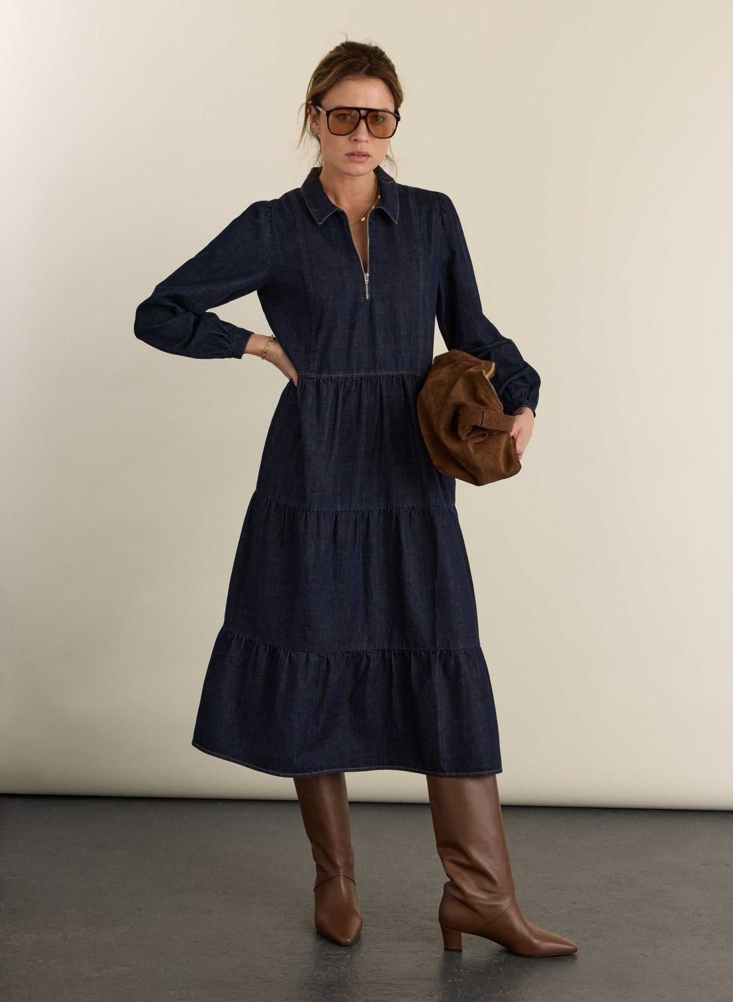 Dark indigo denim midi dress.