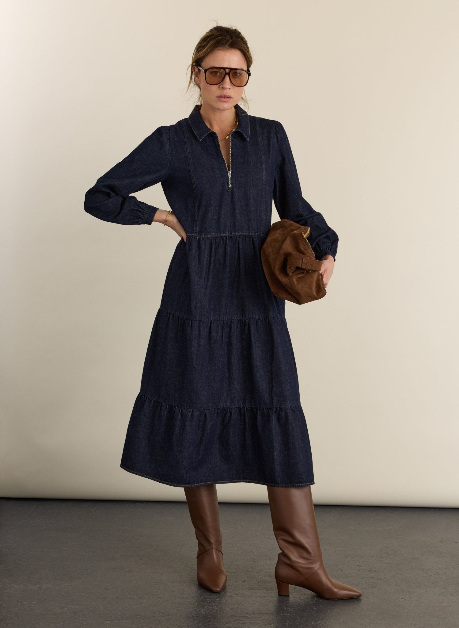 Dark indigo denim midi dress.