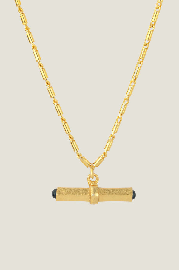 Gold-plated brass t-bar necklace with iolite gemstone ends.