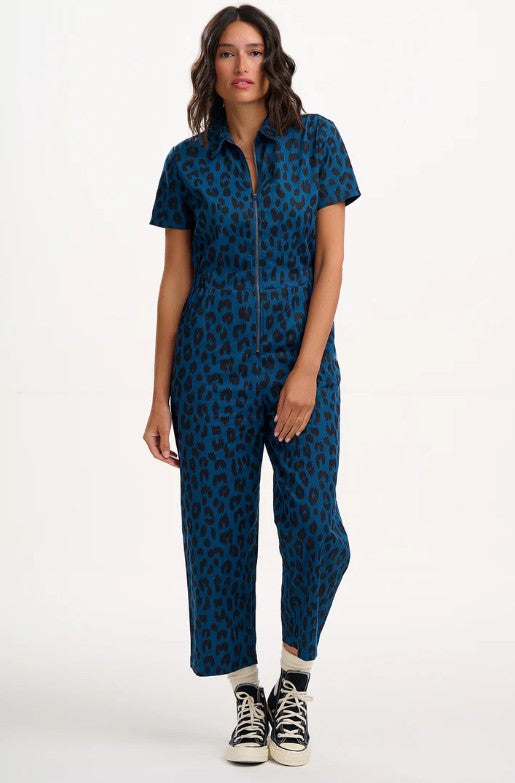 Navy organic cotton leopard print jumpsuit.