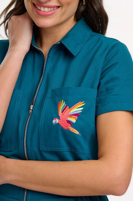 Cora Cropped Jumpsuit - Teal, Rainbow Parrot