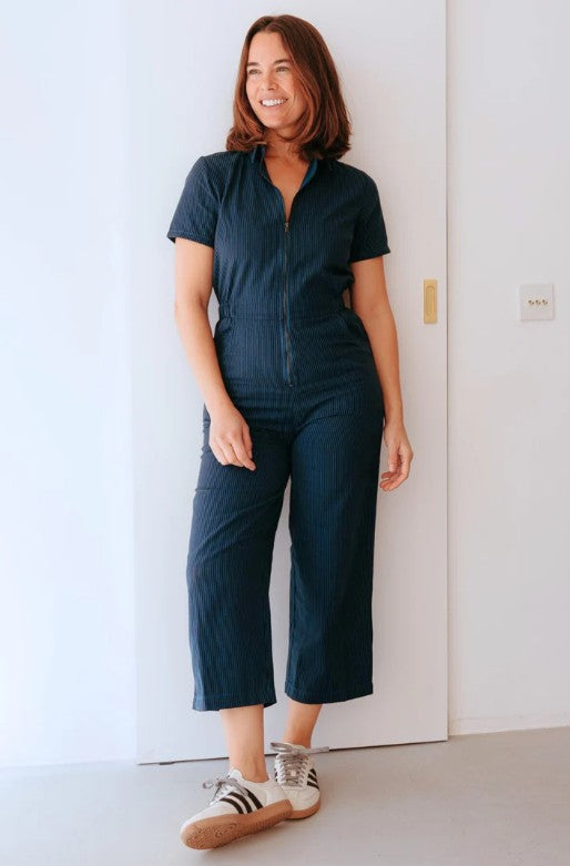 Deep teal and black striped organic cotton cropped jumpsuit.