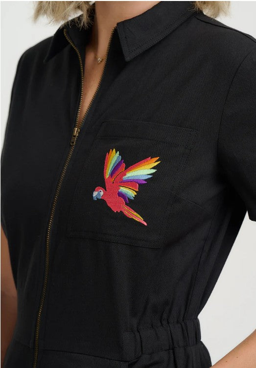 Cora Cropped Jumpsuit - Black, Rainbow Parrot