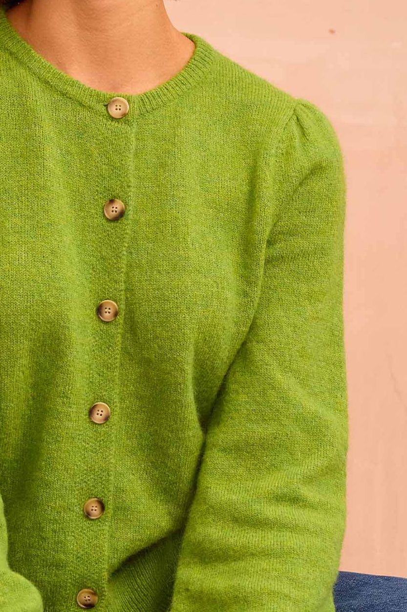 Alpaca Blend Puff Sleeve Cardigan - Green