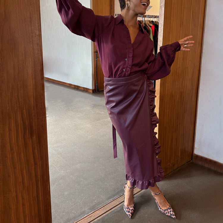 Wine Vegan Leather Ruffle Jaspre Skirt