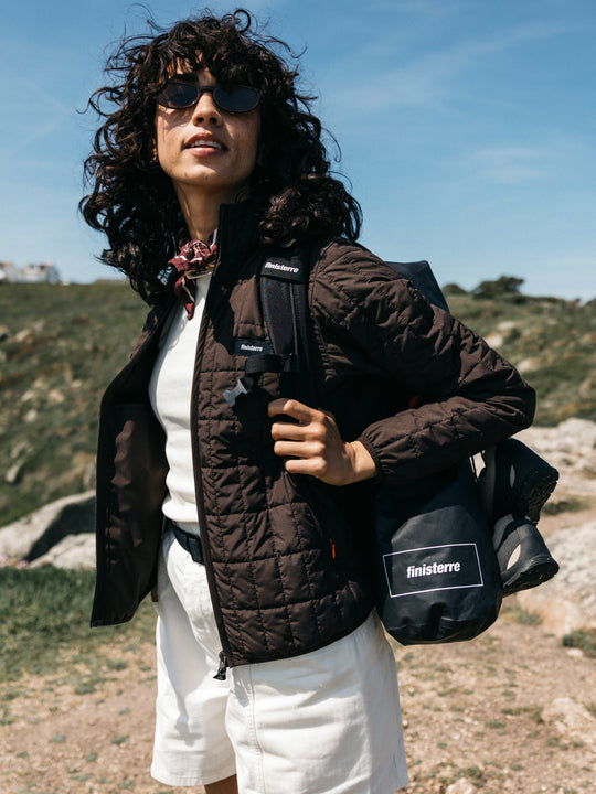 Dark brown quilted jacket.