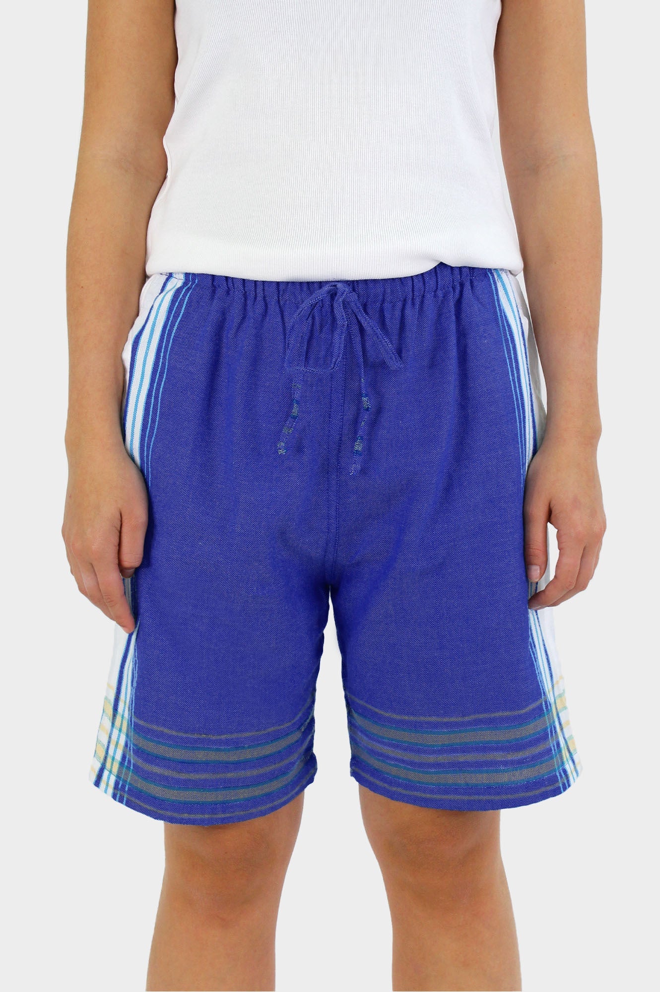 Bright blue knee-length shorts with elasticated drawstring waistband and multicolour stripe detailing along the sides and hem.