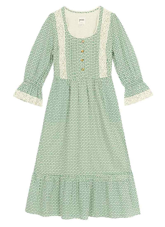 Eleri Sage Floral Print Crochet Trim Prairie Dress - Green